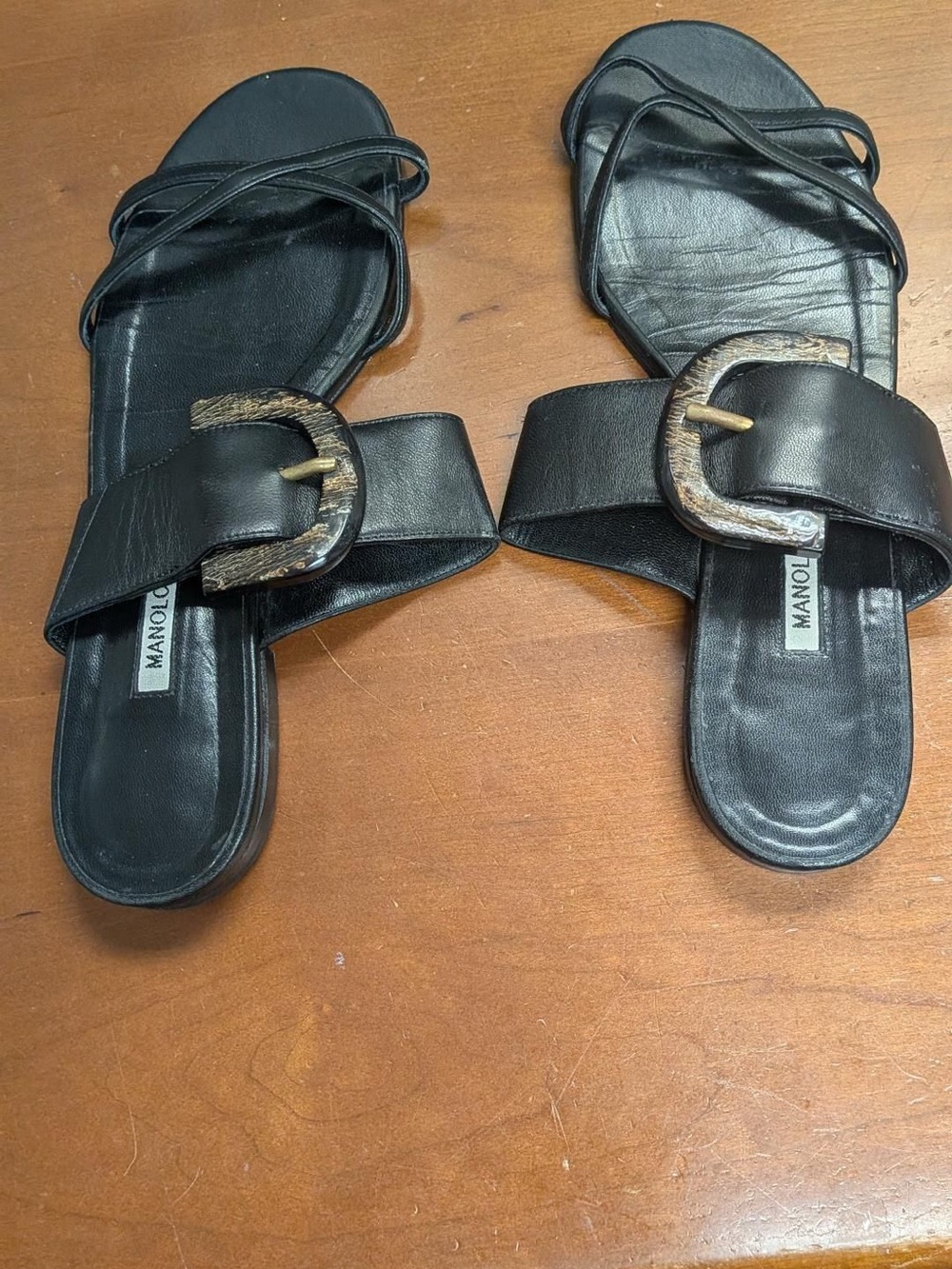 Manolo Blahnik Black Leather Slide Sandals with Textured Buckle